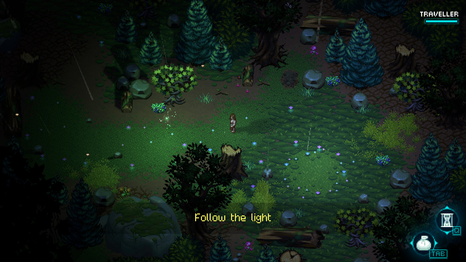 A night-time forest clearing lit by glowing plants and particles, with the on-screen prompt 'Follow the light'.