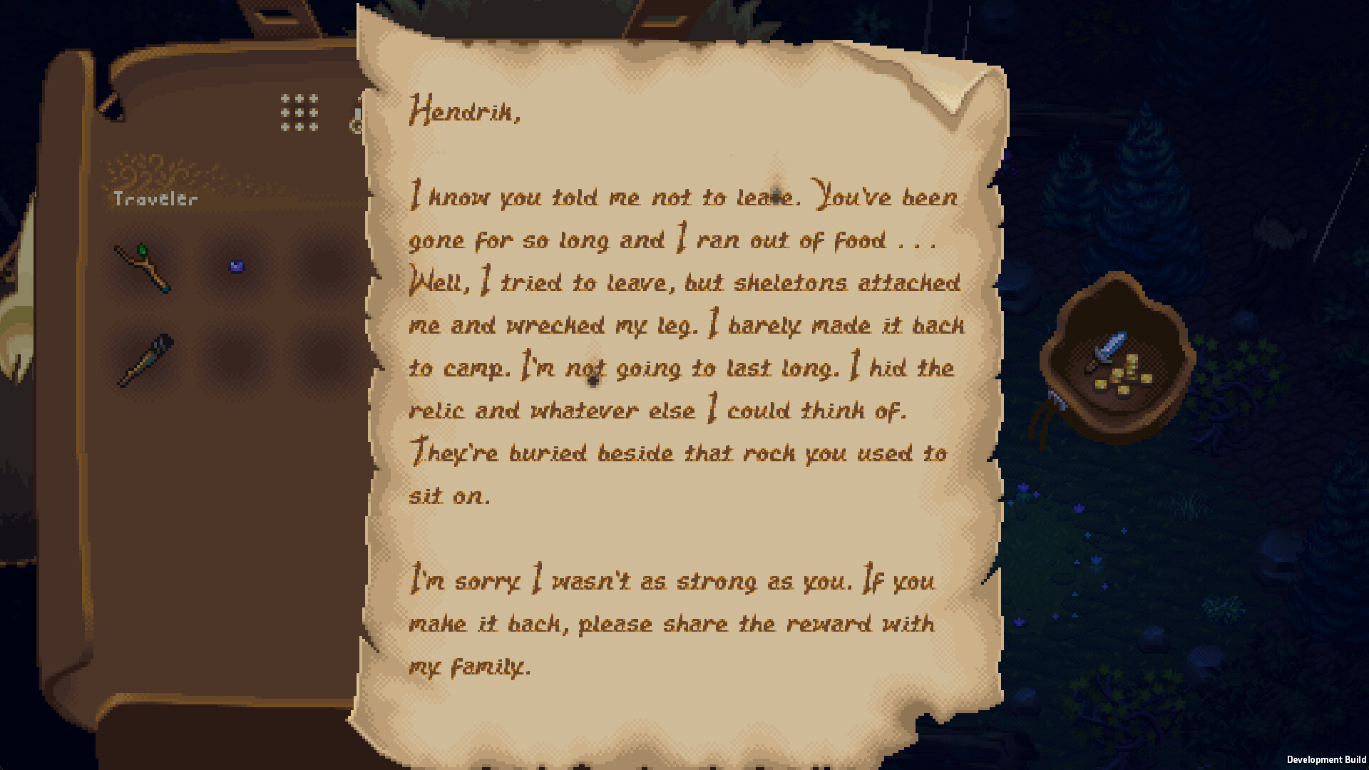 A camp scene showing an inventory panel, a letter about a hidden relic, and a chest holding items beside a campfire.