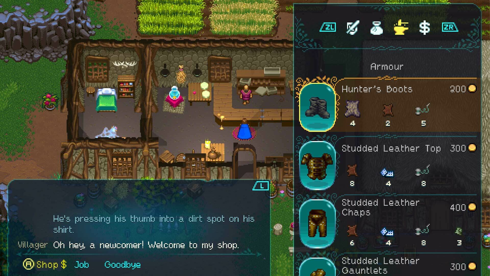 A shop screen showing a villager's interior, a dialogue line welcoming the player, and an armour list with Hunter's Boots and leather gear.