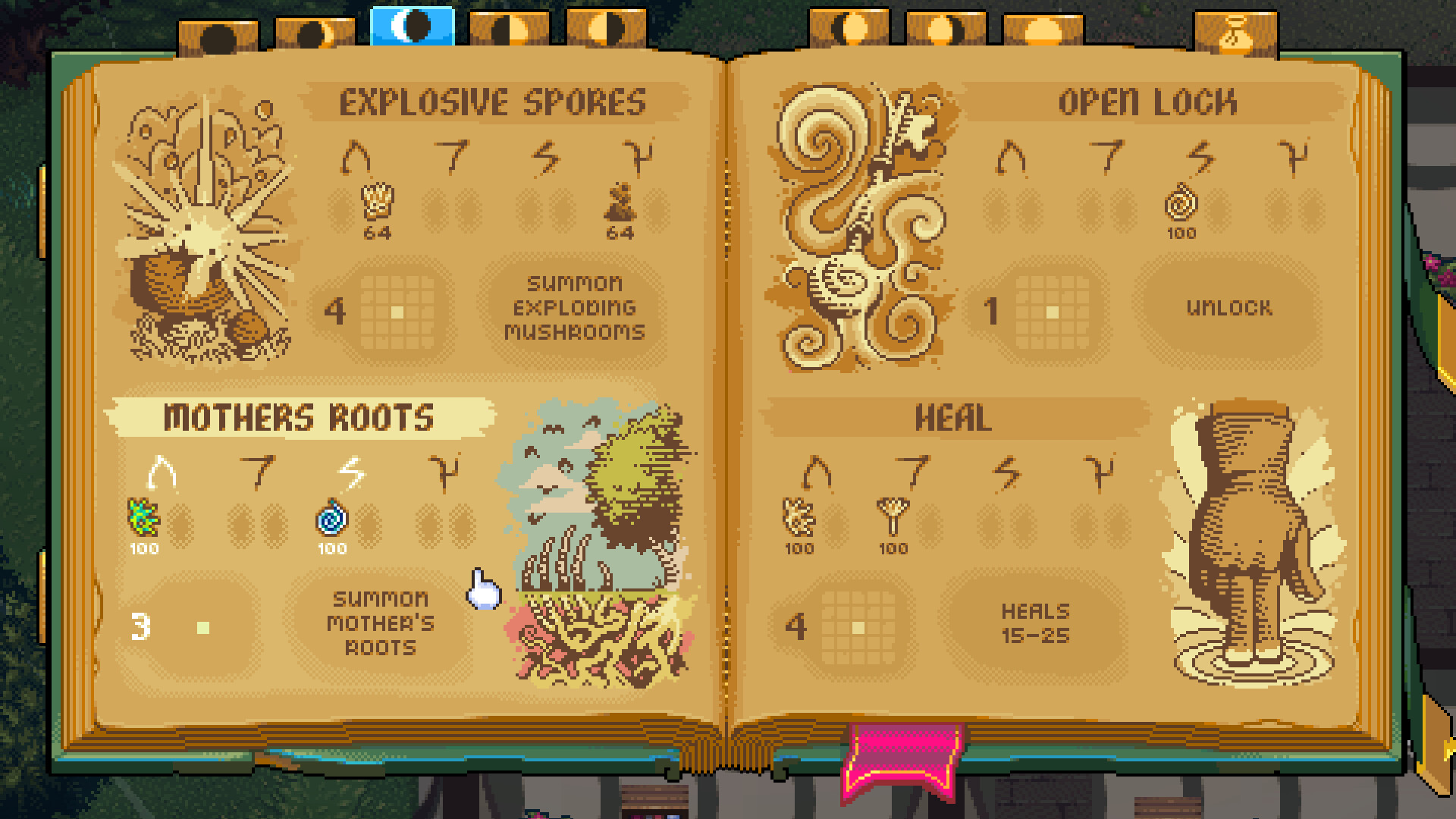 A field encounter in a forest: a hunter aims a bow while a companion faces away, with dialogue shown at the bottom of the screen.