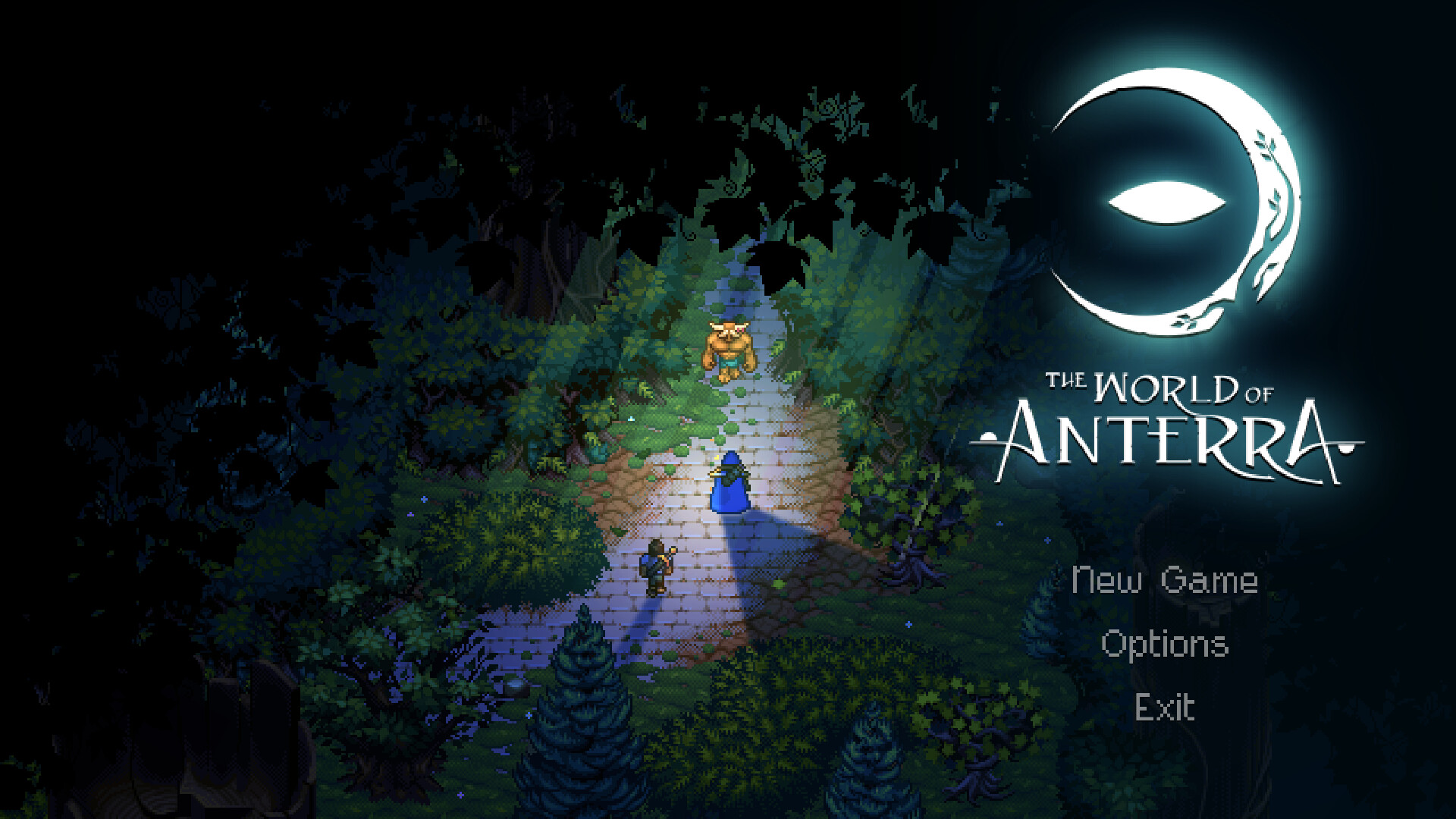 World of Anterra title screen: a moonlit path through dark trees, a traveller carrying a lantern, and an eye emblem beside the game logo.