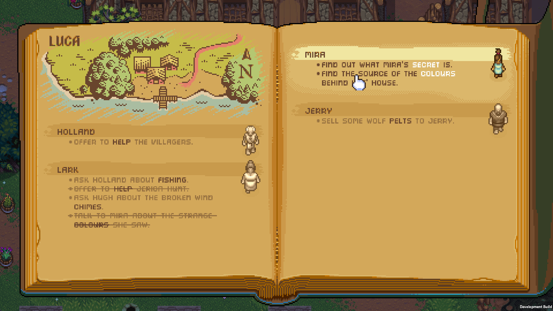 An open quest journal showing a hand-drawn Luca map on one page and a list of quests for villagers on the other.